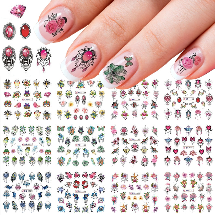 Jewelry Flower Nail Water Sticker Gem Butterfly Transfer Decal Slider Nail Art Full Wraps Manicure Decor