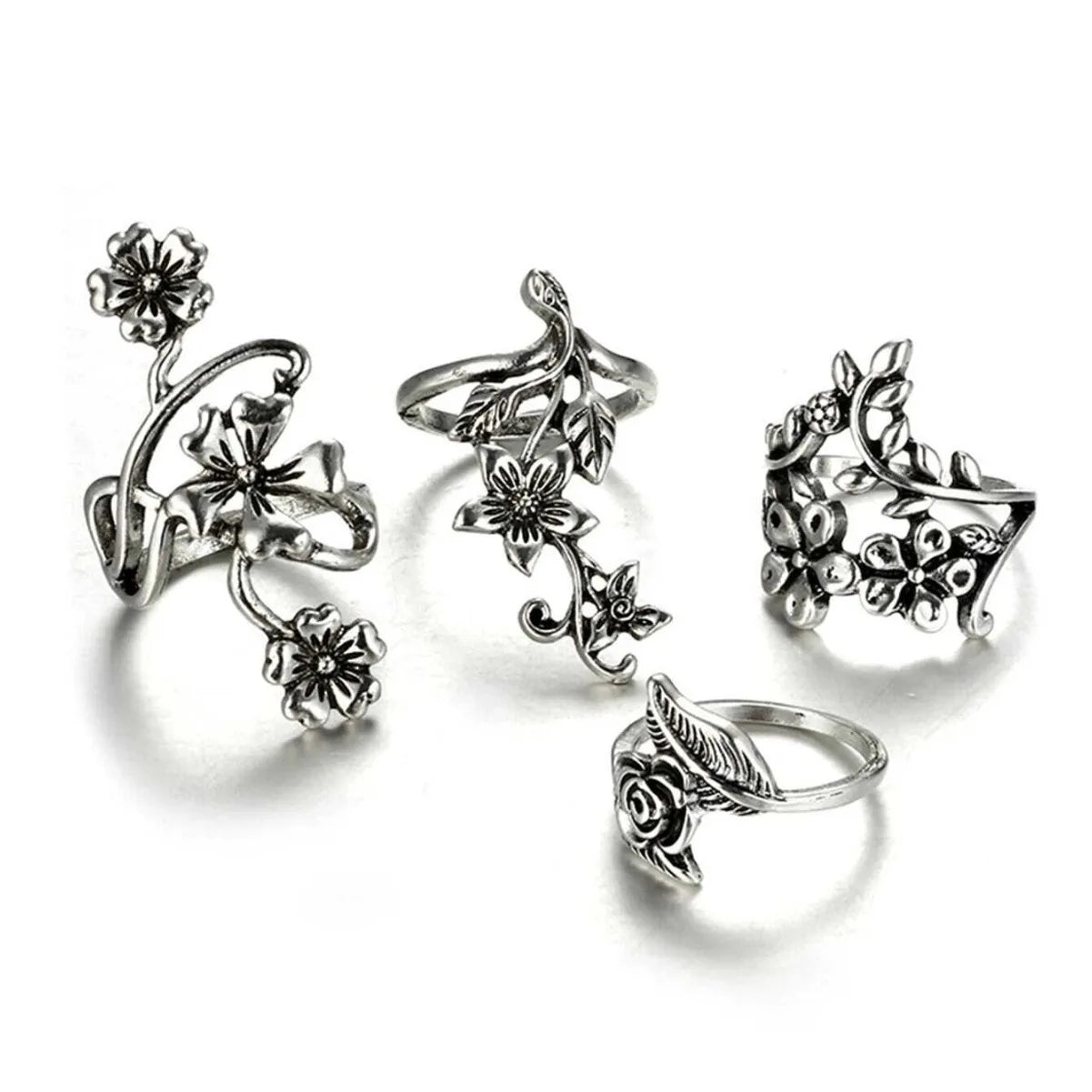 individualistic retro antique silver hollow carving ring 4-piece set ring set