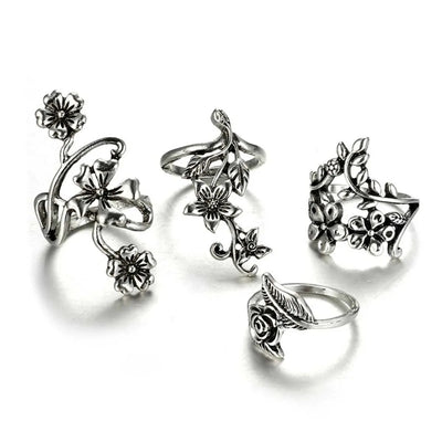 individualistic retro antique silver hollow carving ring 4-piece set ring set
