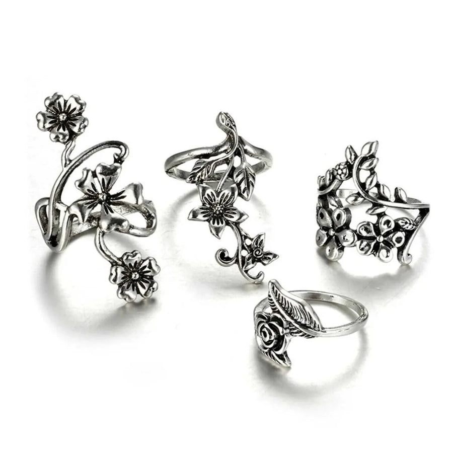 Antique Silver Hollow Carving Ring 4-Piece Set
