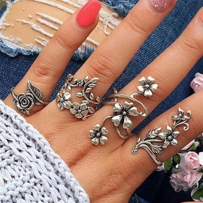 individualistic retro antique silver hollow carving ring 4-piece set ring set