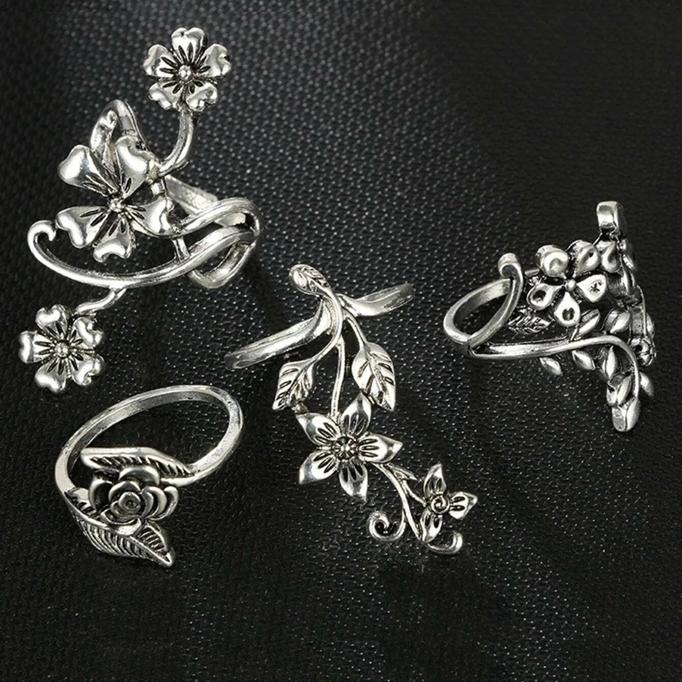 individualistic retro antique silver hollow carving ring 4-piece set ring set