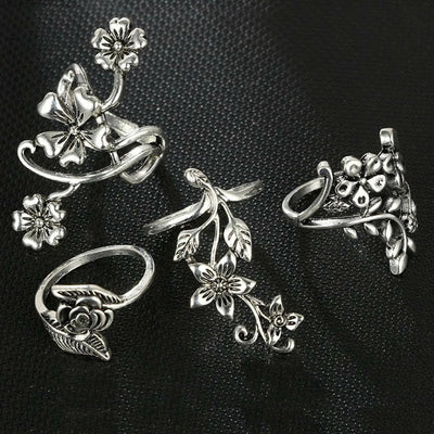 individualistic retro antique silver hollow carving ring 4-piece set ring set