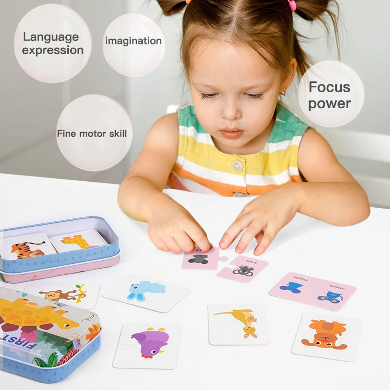 Children Cognitive Puzzle Toys Toddler Kids Iron Box Cards Matching Game