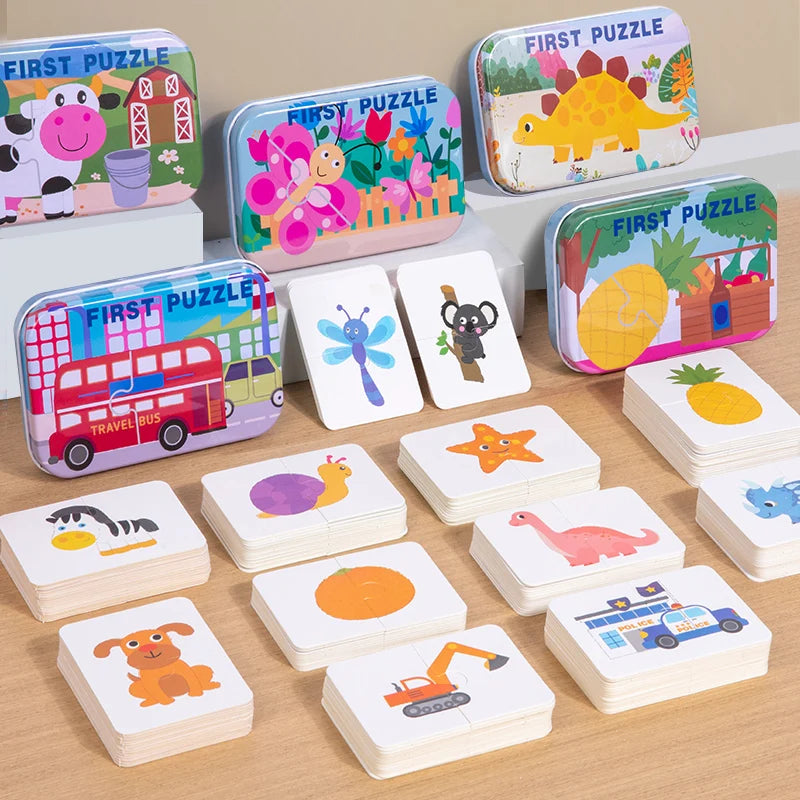 Children Cognitive Puzzle Toys Toddler Kids Iron Box Cards Matching Game