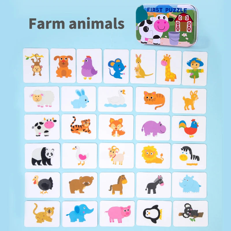 Children Cognitive Puzzle Toys Toddler Kids Iron Box Cards Matching Game