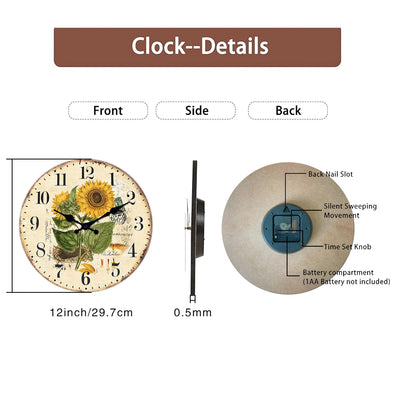Retro Wood Wall Clock, featuring a charming two-sunflower