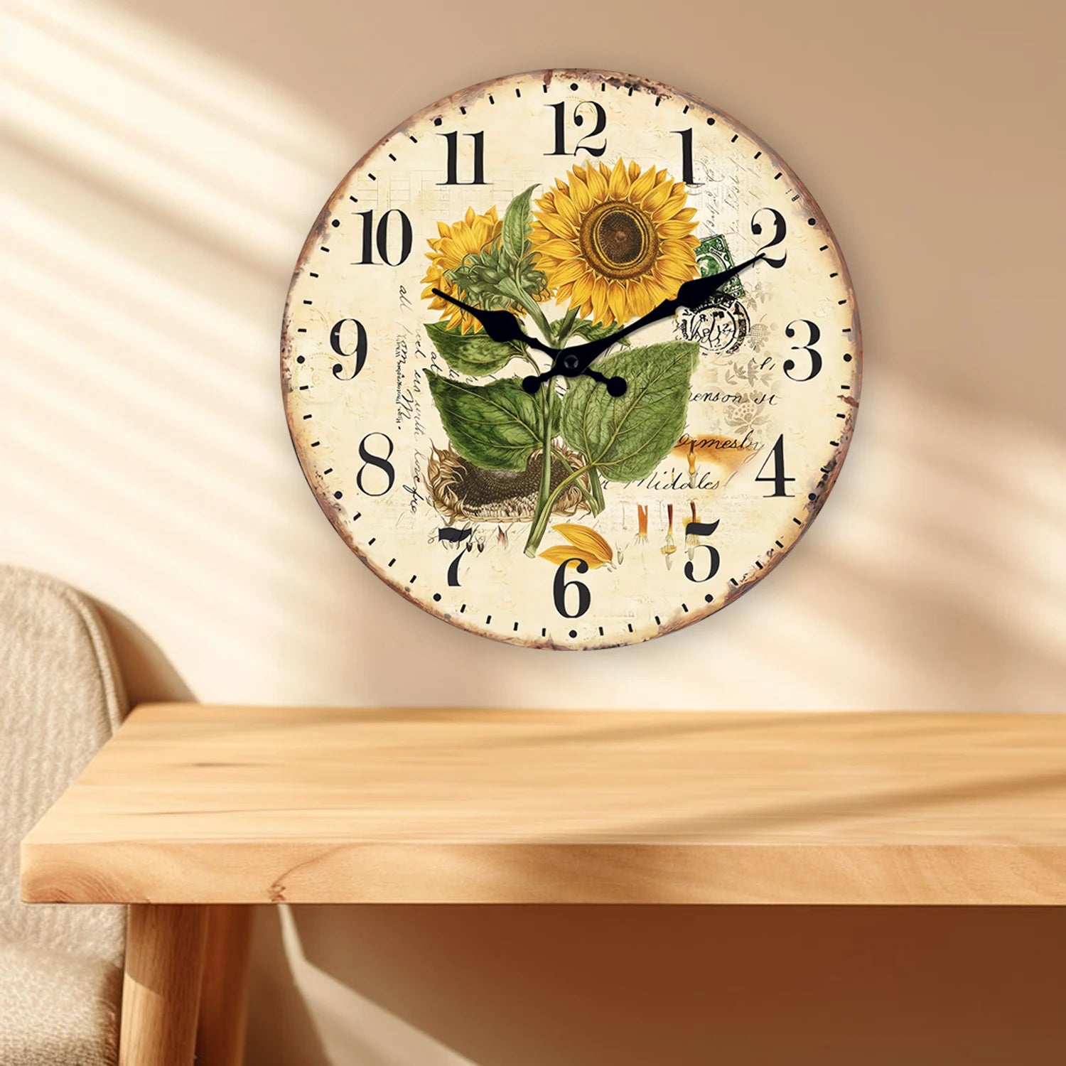 Retro Wood Wall Clock, featuring a charming two-sunflower