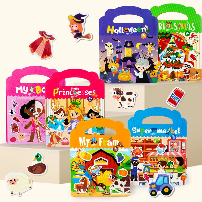 Cartoon Sticker Book for Kids Multiple Scenes DIY Puzzle Game