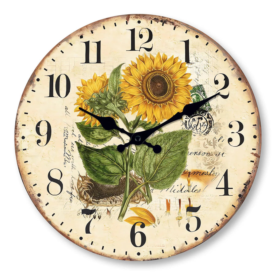 Retro Wood Wall Clock, featuring a charming two-sunflower