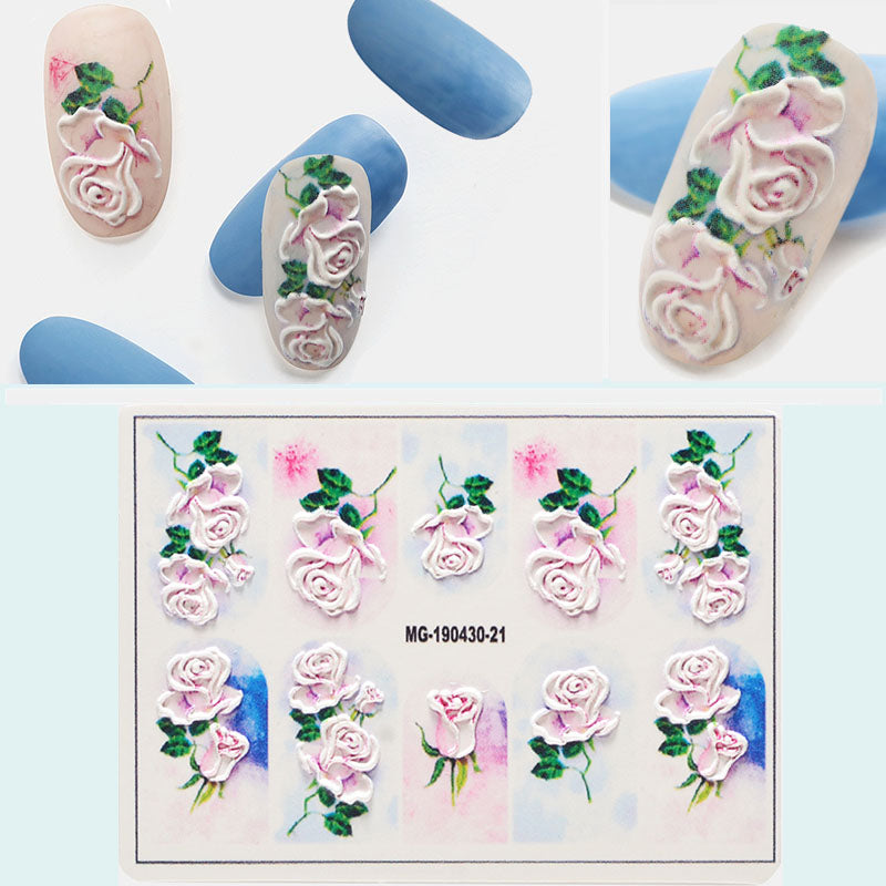 1pc 3D DIY Acrylic Engraved flower Nail Sticker Embossed Flower Maple leaf ice cream Water Decals Empaistic Nail Water Decals