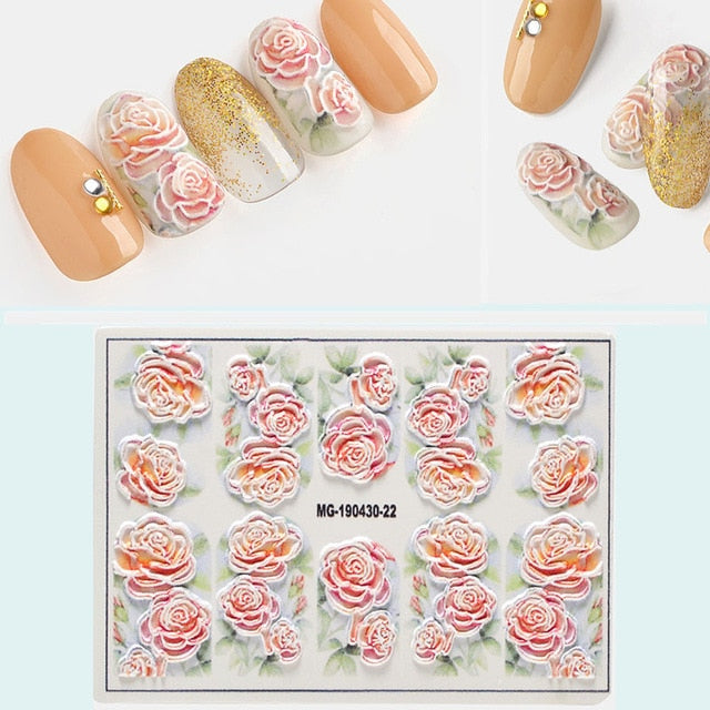 1pc 3D DIY Acrylic Engraved flower Nail Sticker Embossed Flower Maple leaf ice cream Water Decals Empaistic Nail Water Decals