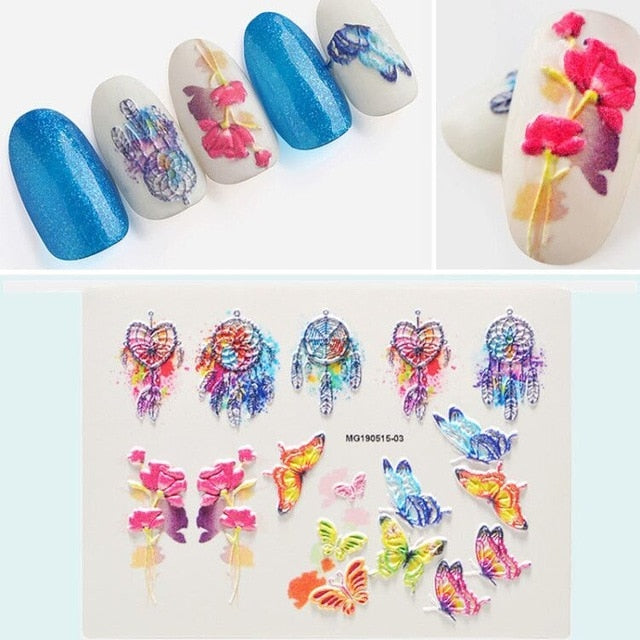 1pc 3D DIY Acrylic Engraved flower Nail Sticker Embossed Flower Maple leaf ice cream Water Decals Empaistic Nail Water Decals