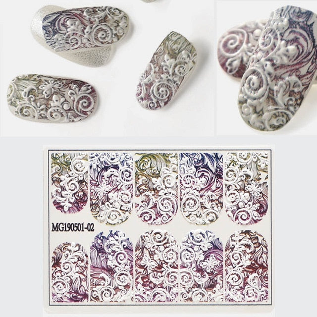 1pc 3D DIY Acrylic Engraved flower Nail Sticker Embossed Flower Maple leaf ice cream Water Decals Empaistic Nail Water Decals