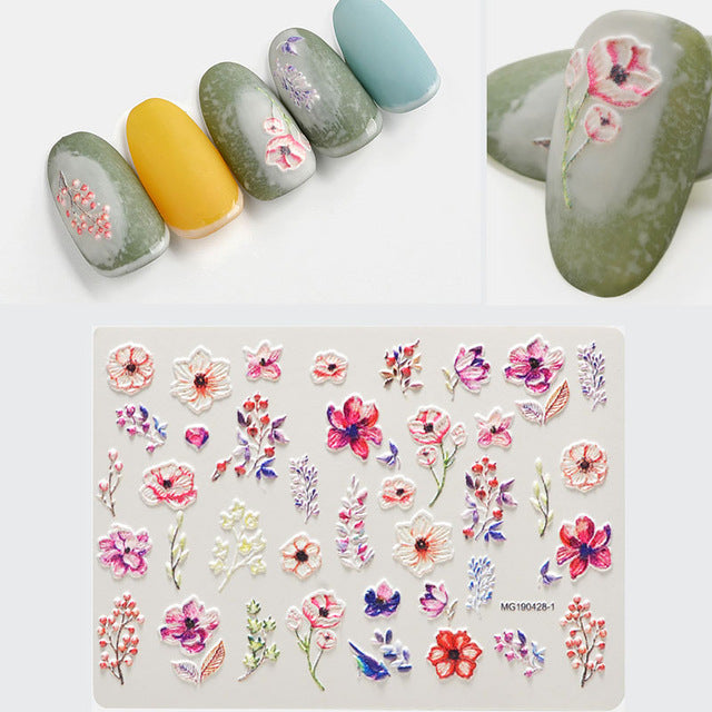 1pc 3D DIY Acrylic Engraved flower Nail Sticker Embossed Flower Maple leaf ice cream Water Decals Empaistic Nail Water Decals