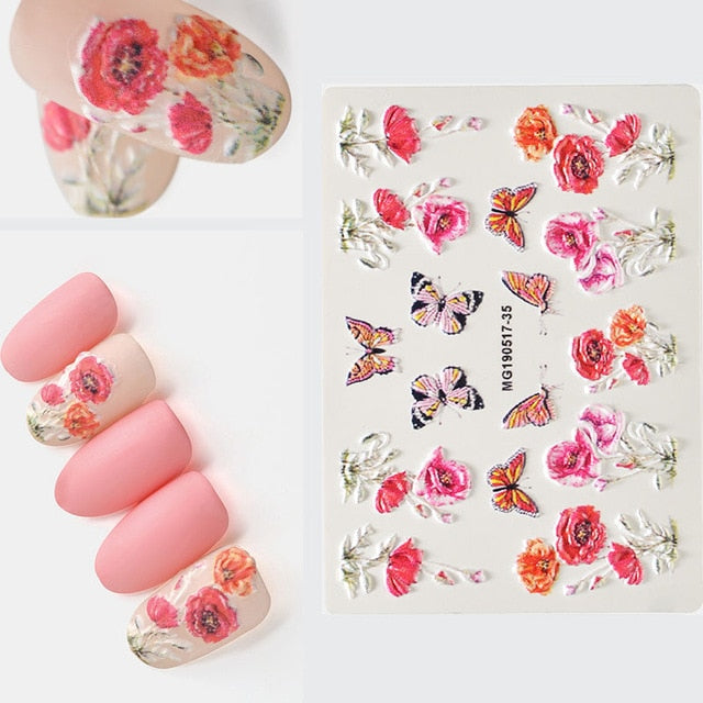 1pc 3D DIY Acrylic Engraved flower Nail Sticker Embossed Flower Maple leaf ice cream Water Decals Empaistic Nail Water Decals