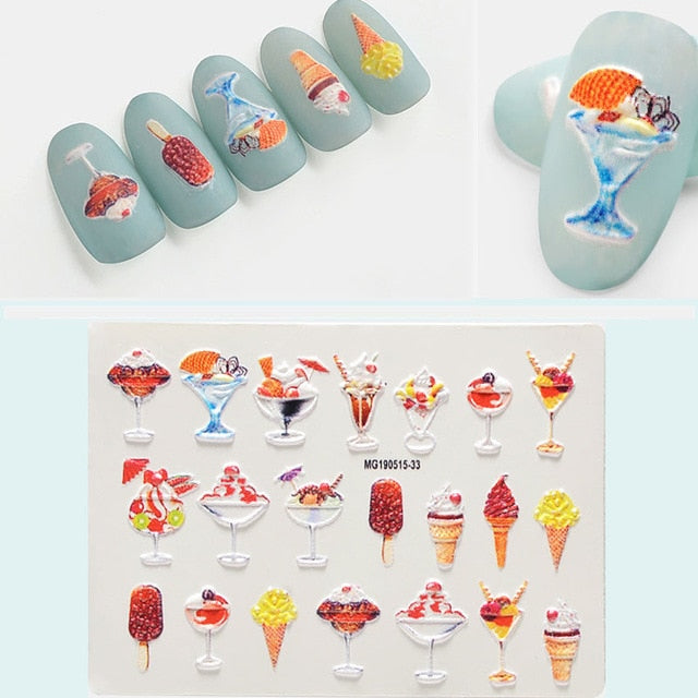 1pc 3D DIY Acrylic Engraved flower Nail Sticker Embossed Flower Maple leaf ice cream Water Decals Empaistic Nail Water Decals