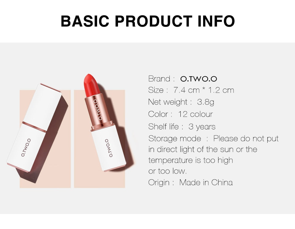 O.TWO.O 12 Colors Velvet Lipstick Moisturizer Long Lasting Makeup Waterproof Pigments Make up Matte Lipsticks Beauty Lips