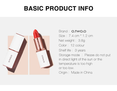 O.TWO.O 12 Colors Velvet Lipstick Moisturizer Long Lasting Makeup Waterproof Pigments Make up Matte Lipsticks Beauty Lips