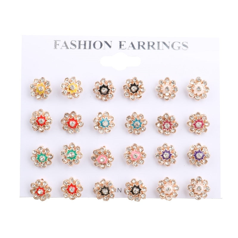 YANG&RH 12 Pair/Lot Korean Trendy Cute Stud Earrings Set For Women Unique Colorful Enamel Flower Brincos Shiny Crystal Earrings