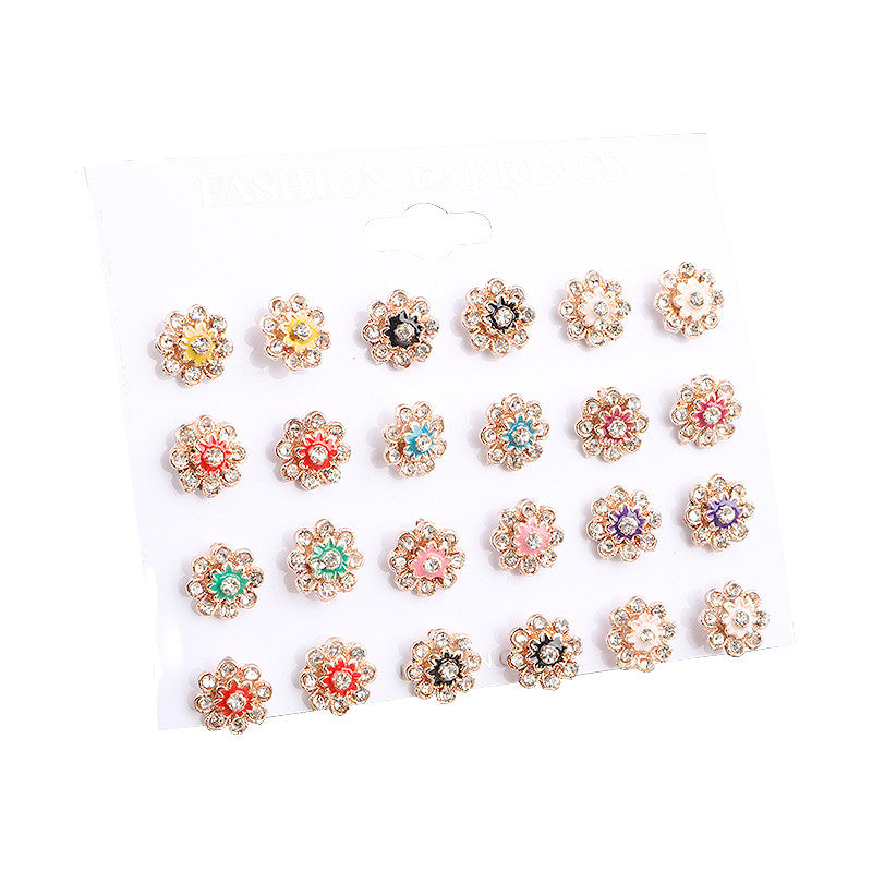 YANG&RH 12 Pair/Lot Korean Trendy Cute Stud Earrings Set For Women Unique Colorful Enamel Flower Brincos Shiny Crystal Earrings