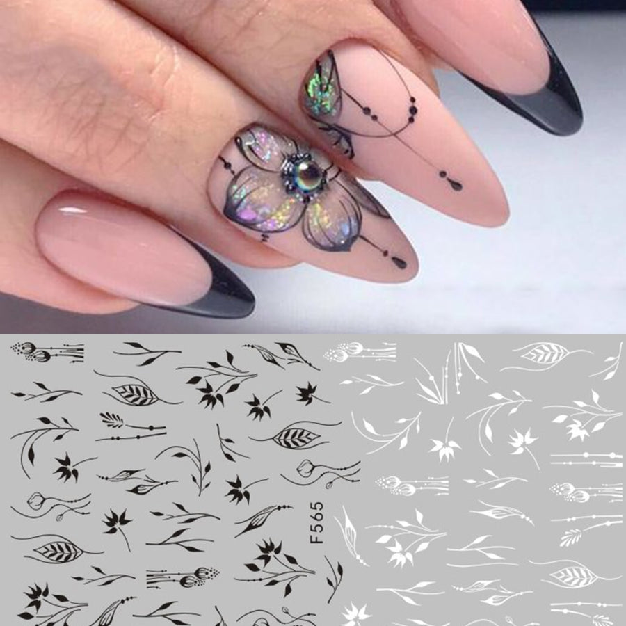 1pc Black White Nail Art Sticker Hollow Flower Leaf 3D Nail Decals Adhesive Slider Tattoo for Decoration Autumn Nails CHF564-573