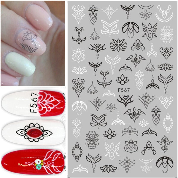 1pc Black White Nail Art Sticker Hollow Flower Leaf 3D Nail Decals Adhesive Slider Tattoo for Decoration Autumn Nails CHF564-573