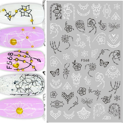 1pc Black White Nail Art Sticker Hollow Flower Leaf 3D Nail Decals Adhesive Slider Tattoo for Decoration Autumn Nails CHF564-573
