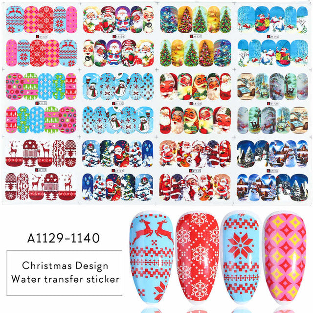 12 Designs Santa Snow Flower Nail Art Water Stickers Christmas Full Wraps Slider For Manicure DIY Tattoo Decorations LYBN/A-1