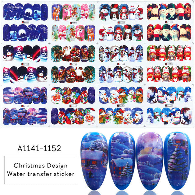 12 Designs Santa Snow Flower Nail Art Water Stickers Christmas Full Wraps Slider For Manicure DIY Tattoo Decorations LYBN/A-1