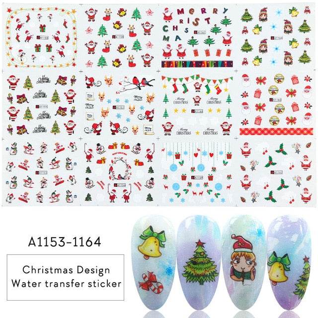 12 Designs Santa Snow Flower Nail Art Water Stickers Christmas Full Wraps Slider For Manicure DIY Tattoo Decorations LYBN/A-1