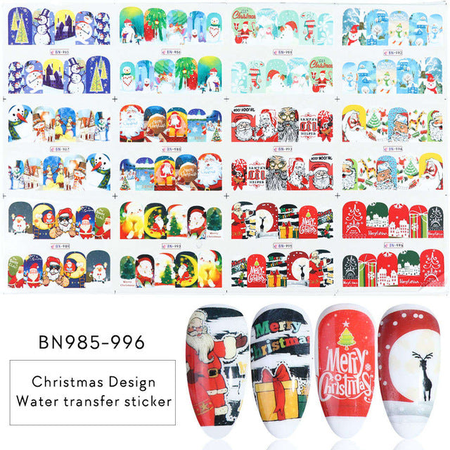 12 Designs Santa Snow Flower Nail Art Water Stickers Christmas Full Wraps Slider For Manicure DIY Tattoo Decorations LYBN/A-1