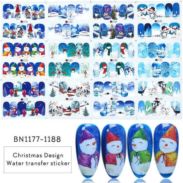 12 Designs Santa Snow Flower Nail Art Water Stickers Christmas Full Wraps Slider For Manicure DIY Tattoo Decorations LYBN/A-1