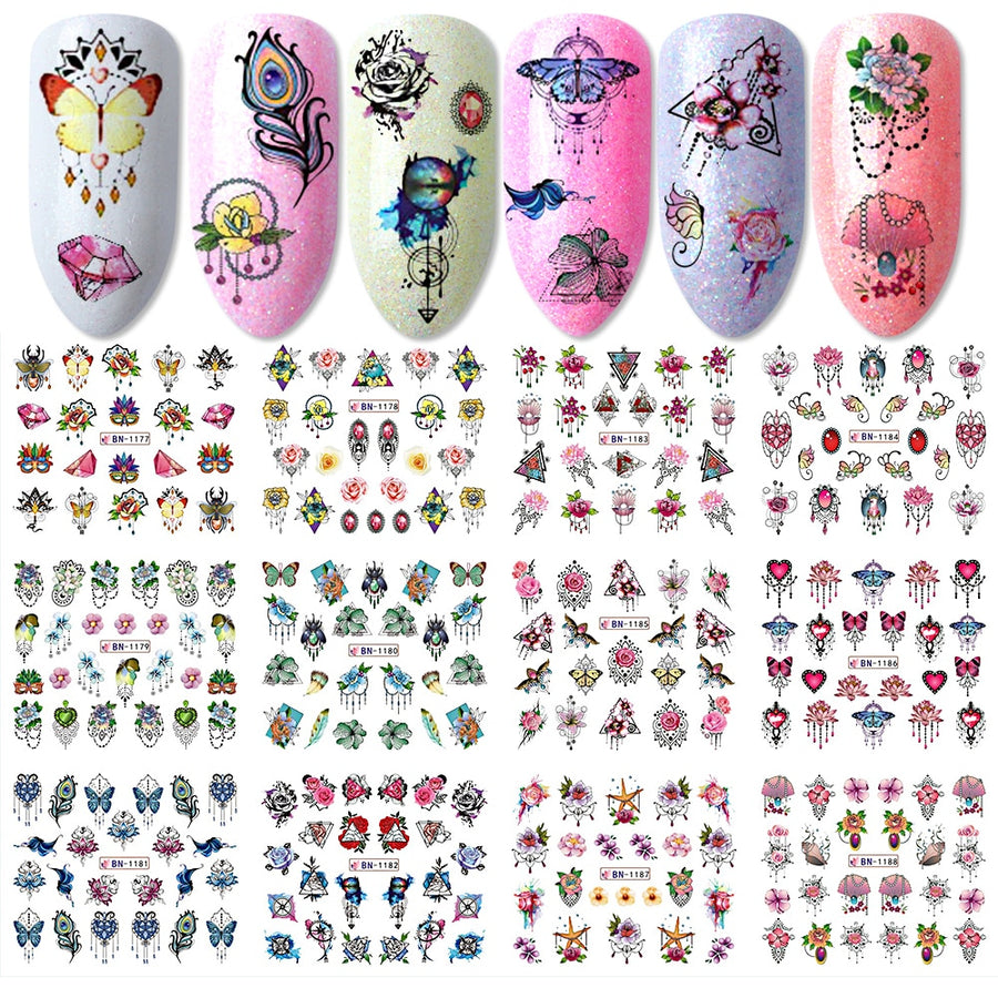 12pcs Gems Nail Sliders Butterfly Blooming Flowers Jewelry Necklace Water Transfer Diamond Feather Stickers Decor BEBN1177-1188