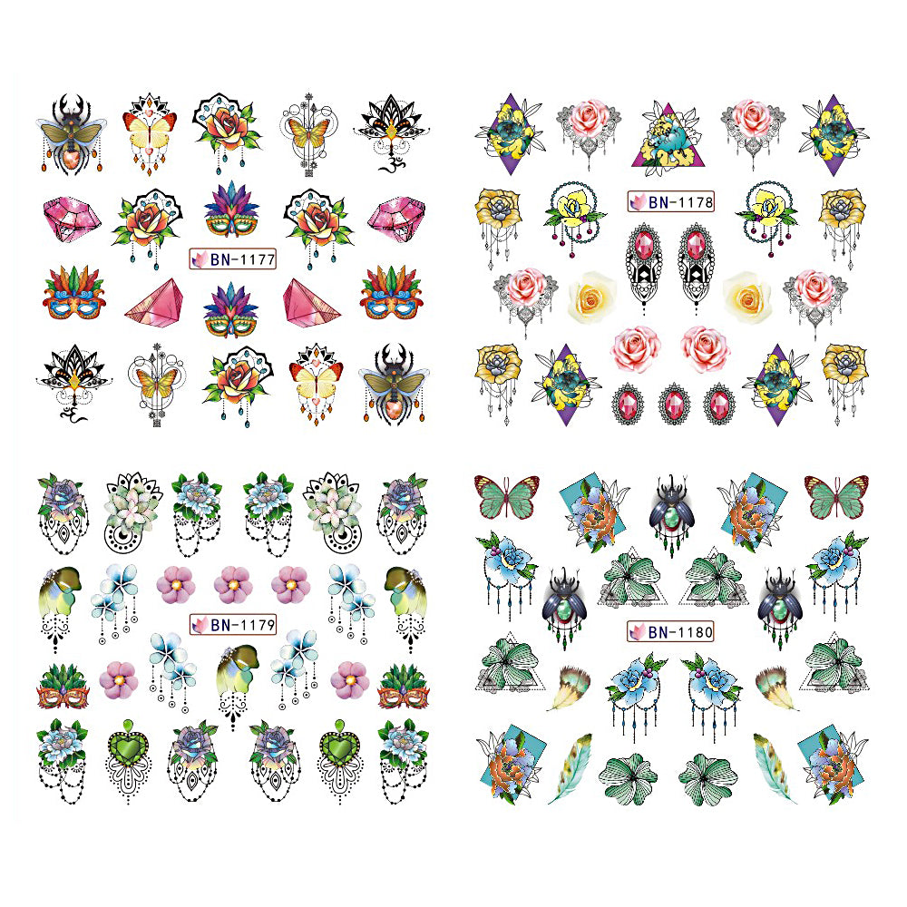 12pcs Gems Nail Sliders Butterfly Blooming Flowers Jewelry Necklace Water Transfer Diamond Feather Stickers Decor BEBN1177-1188