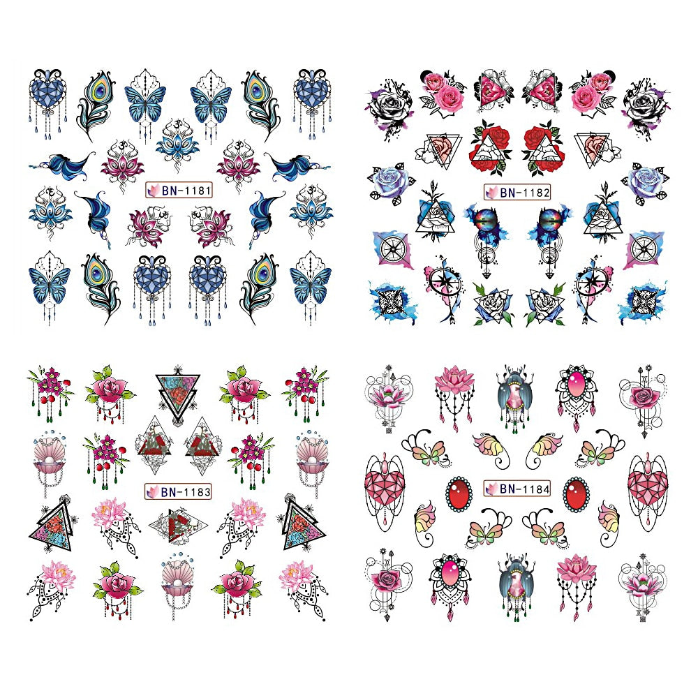 12pcs Gems Nail Sliders Butterfly Blooming Flowers Jewelry Necklace Water Transfer Diamond Feather Stickers Decor BEBN1177-1188
