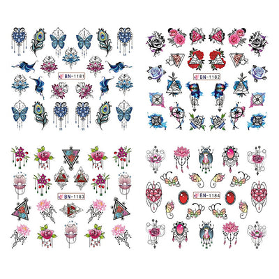 12pcs Gems Nail Sliders Butterfly Blooming Flowers Jewelry Necklace Water Transfer Diamond Feather Stickers Decor BEBN1177-1188