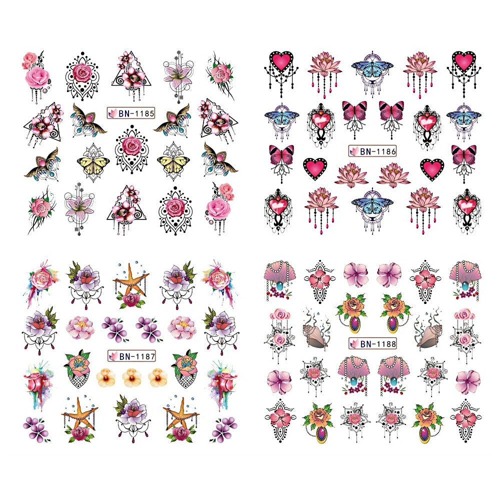 12pcs Gems Nail Sliders Butterfly Blooming Flowers Jewelry Necklace Water Transfer Diamond Feather Stickers Decor BEBN1177-1188