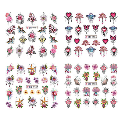 12pcs Gems Nail Sliders Butterfly Blooming Flowers Jewelry Necklace Water Transfer Diamond Feather Stickers Decor BEBN1177-1188