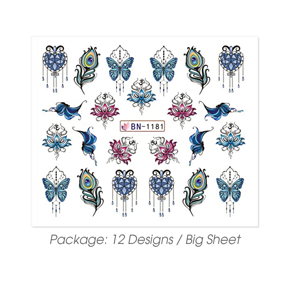 12pcs Gems Nail Sliders Butterfly Blooming Flowers Jewelry Necklace Water Transfer Diamond Feather Stickers Decor BEBN1177-1188