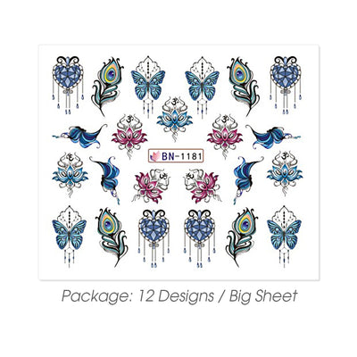 12pcs Gems Nail Sliders Butterfly Blooming Flowers Jewelry Necklace Water Transfer Diamond Feather Stickers Decor BEBN1177-1188