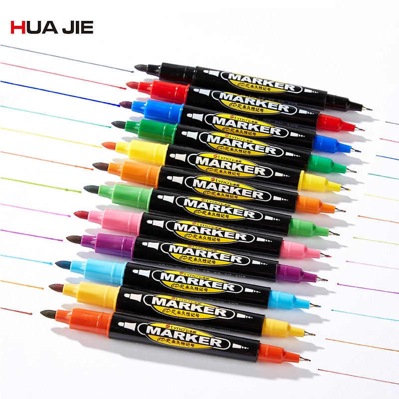 Oily Marker Pen Children Drawing Painting Marker Pen Colorful Waterproof Pen 8/12Pcs Dual Tip Permanent Sign Marker Pen MP-609